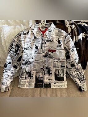 Salem7 Witch Newsprint Coat Salem Witch Trials Newspaper Jacket Medium